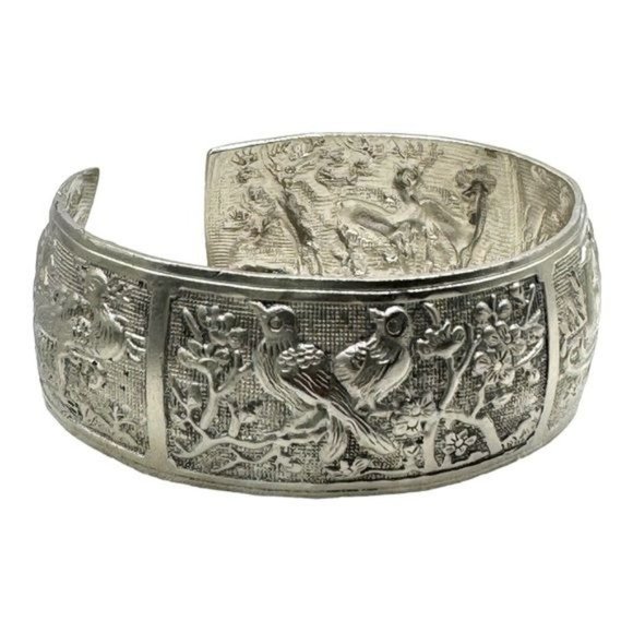 Artisan Jewelry - Tibetan Silver Bangle Cuff Bracelet with Peacocks, Love Birds and Deer Scenes